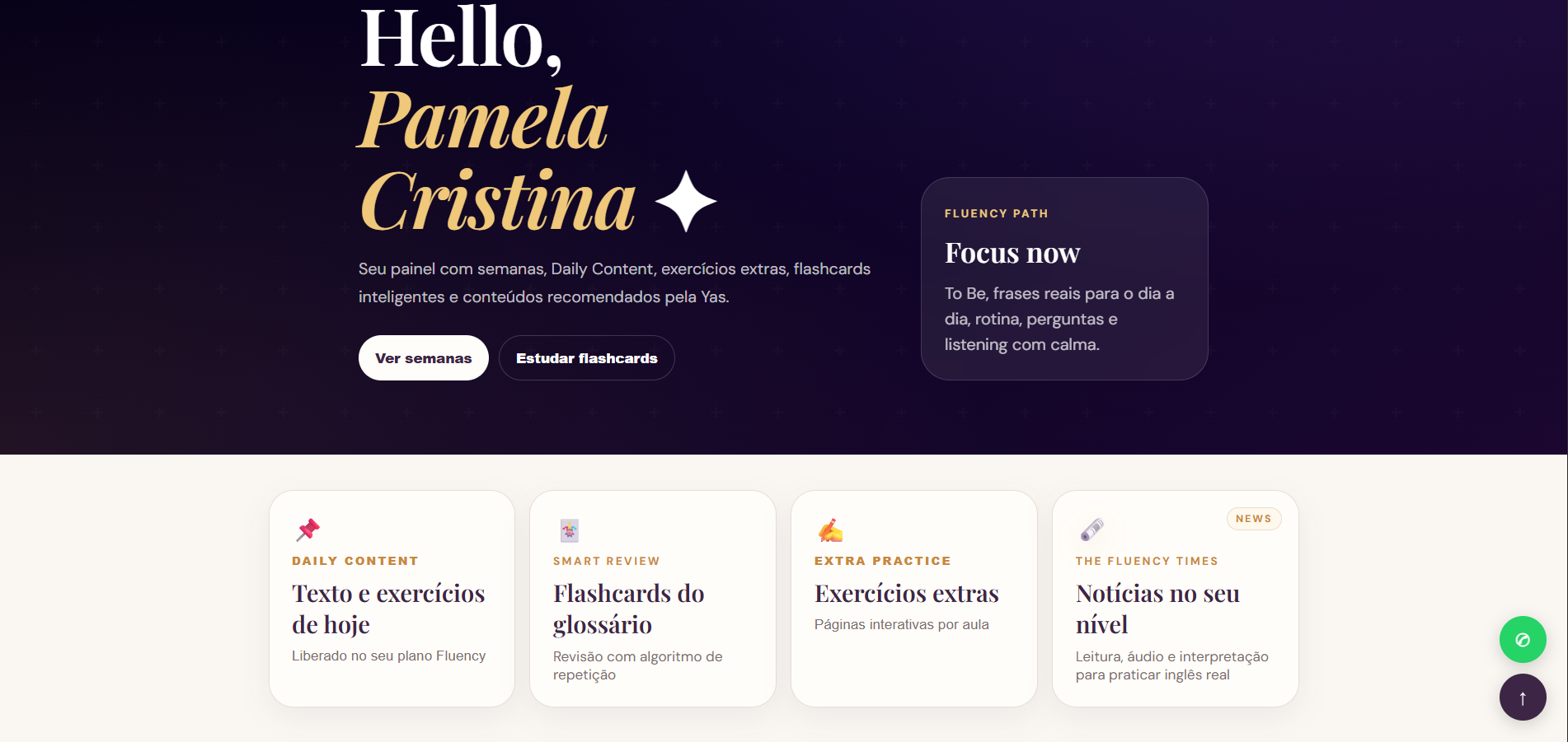 Screenshot dos recursos do Hub do Aluno YV
